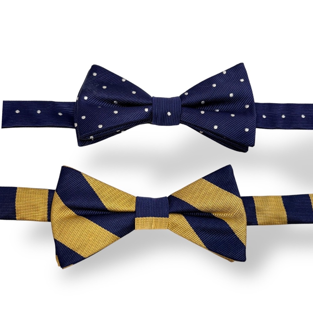 IZOD Bow Tie Set OS Navy‎ Blue Gold Polka Dot Striped Pre-Tied Adjustable 2 Pack